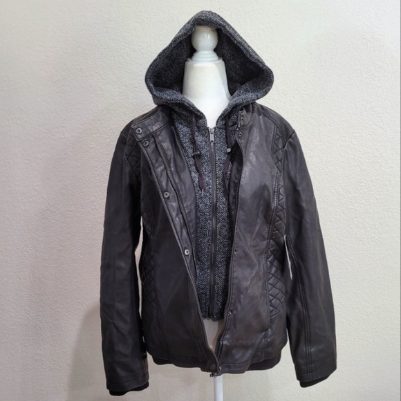 MoKa Jackets & Coats Moka Meriam Knit Hooded Faux Leather Jacket